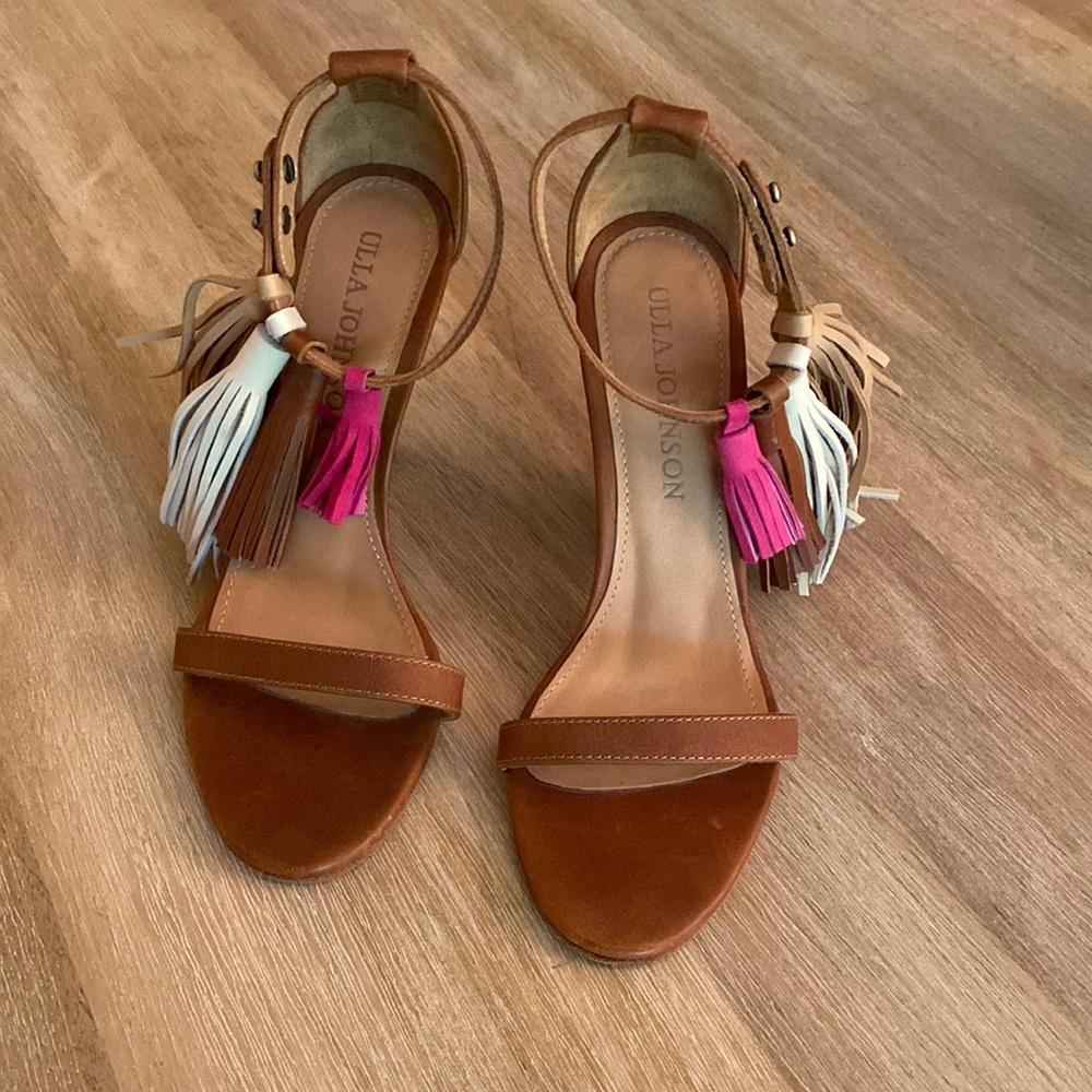 Ulla Johnson Tan Leather Sandals with multi-colored tassels.